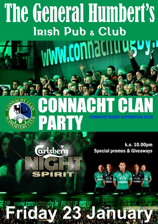 Affiche de la soirée « Connacht Clan Party » (supporters de Connacht Rugby)