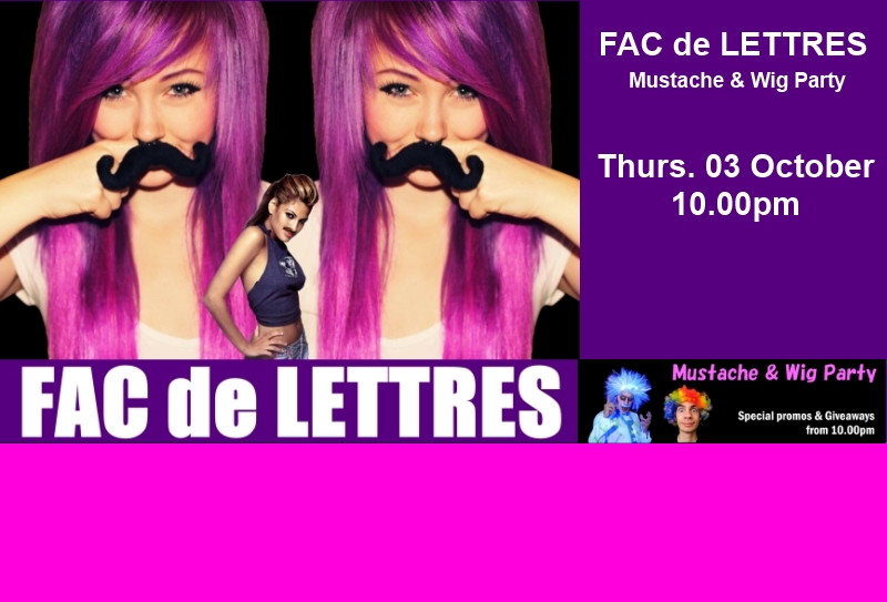 Bannière de la soirée « Mustache & Wig Party » de la Fac de lettres, jeudi 3 octobre