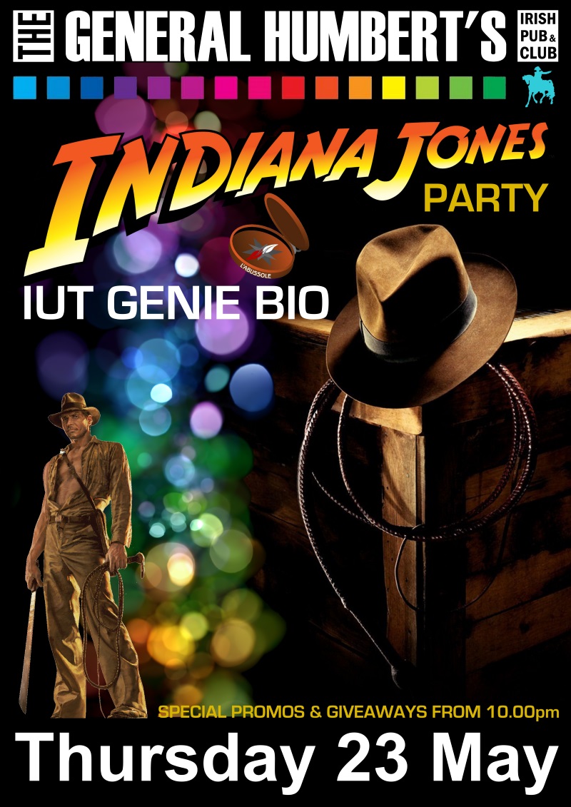 Affiche de la soirée « Indiana Jones Party » de l'IUT Génie Bio