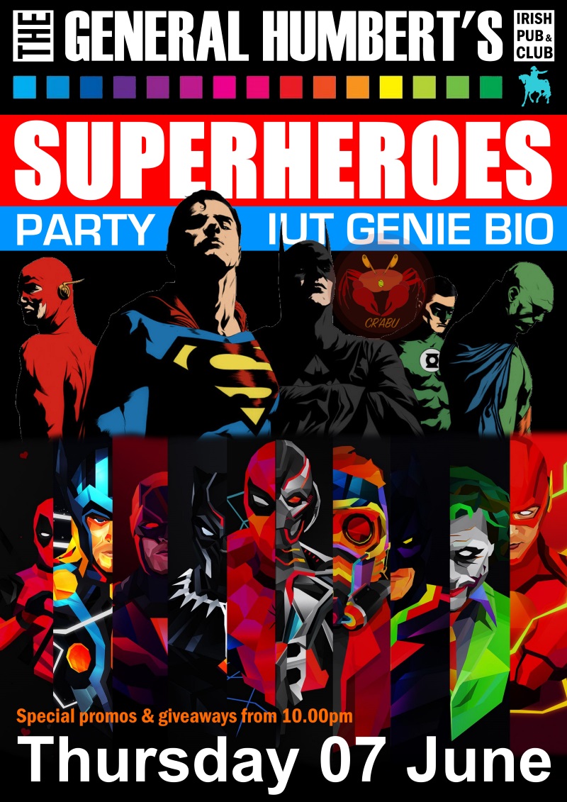 Affiche de la soirée « Superheroes Party » de l'IUT Génie Bio