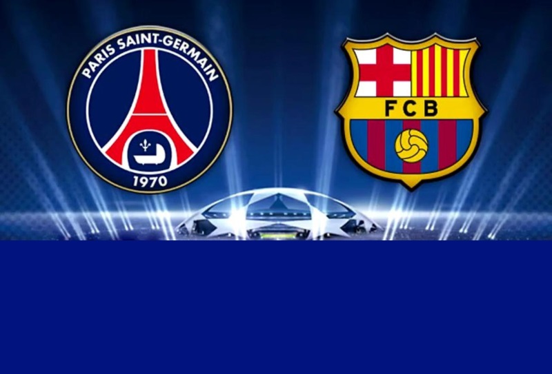 "Champions League" live broadcast event banner, Paris Saint-Germain vs FC Barcelona